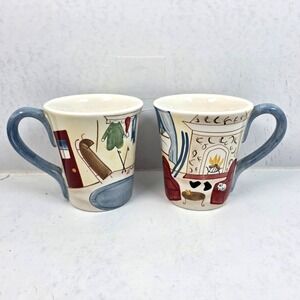 Vtg Eddie Bauer Home Large Coffee Mugs Set of 2 Painted Winter Cozy Cabin Lodge